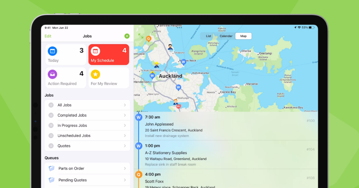 ServiceM8 - Jobs view with Map view - landscape